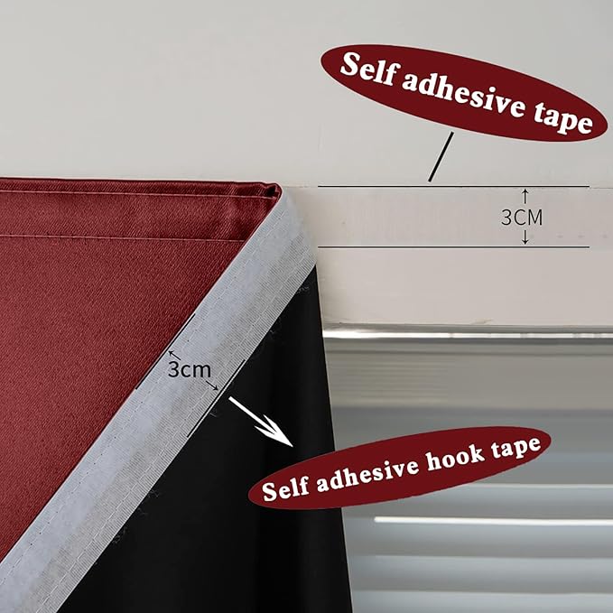 AJAZZ 100% Blackout Shades Window Cover Self Adhesive Curtains Sticky Curtain Portable Easy Open Black Out Curtains for Bedroom Living Room No Drilling (Burgundy, 35" W x 84" L 1 Panel)
