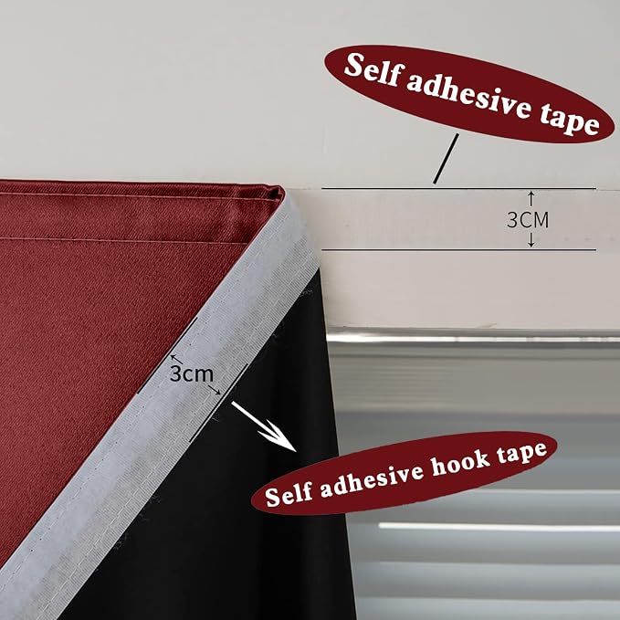 AJAZZ 100% Blackout Shades Window Cover Self Adhesive Curtains Sticky Curtain Portable Easy Open Black Out Curtains for Bedroom Living Room No Drilling (Burgundy, 35" W x 71" L 1 Panel)