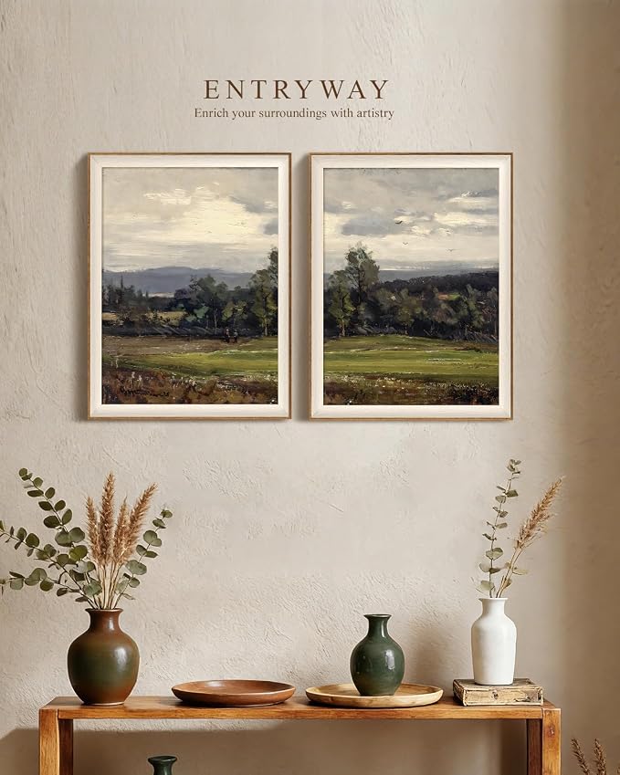 VIYYIEA Framed Vintage Landscape Wall Art Set of 2, Impressionist Pastoral Nature Canvas Painting Print, Rustic Country Cottagecore Home Decor for Living Room Bedroom, 16x20 Inch