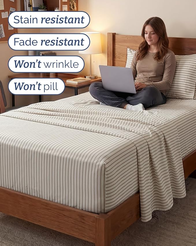 Extra Deep Twin XL Sheet Set - 3 Piece College Dorm Room - Beige Stripes | Soft, Breathable & Cooling, Easily Fits 18 to 24 inch Mattress, Wrinkle Free & Fade Resistant with Extra Deep Pockets