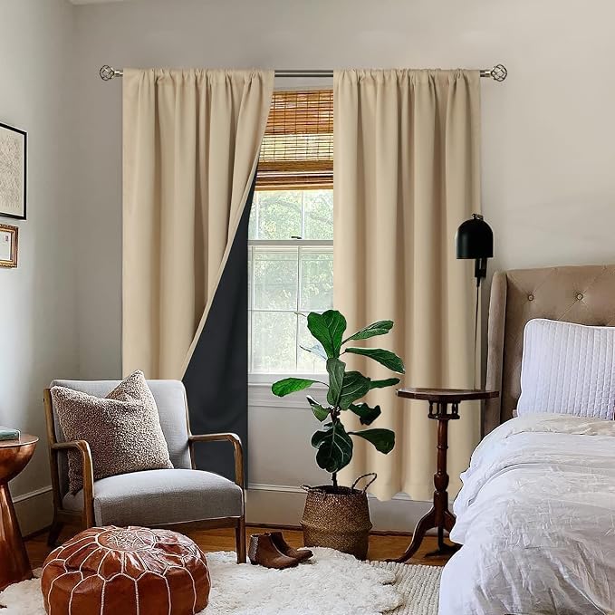 BGment Thermal Insulated 100% Blackout Curtains for Bedroom with Black Liner, Double Layer Full Room Darkening Noise Reducing Rod Pocket Curtain (52 x 84 Inch, Beige, 2 Panels) | Thermal Insulated, Room Darkening Curtains, Rod Pocket Soundproof, Living...