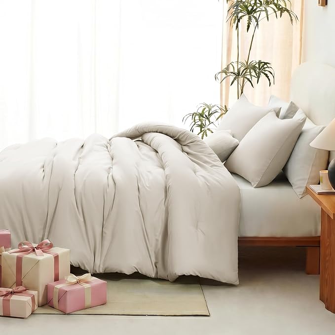 Queen Comforter Set, 3 Pieces Down Alternative Bedding, Beige | 270 GSM All Season Comforter with 4 Corner Ties for Use as a Duvet Insert, OEKO-TEX Certified, 2 Pillowcases, 88 x 88 in
