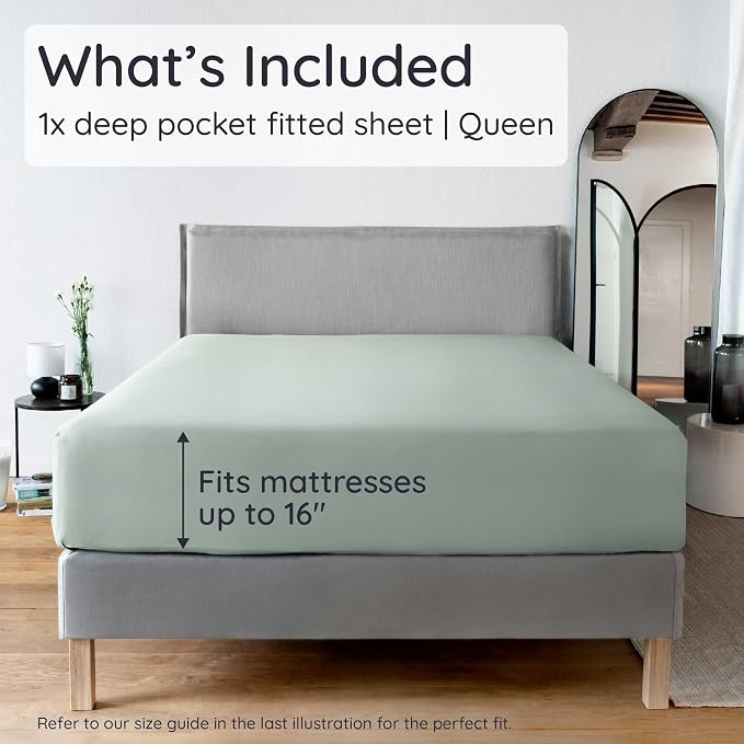 Bambaw Fitted Sheet with Elastic Corner Straps, 100% Viscose Derived from Bamboo Fitted Sheet Queen Size, 16’’ Deep Pocket Queen Size Mattress Sheets (Sea Glass)