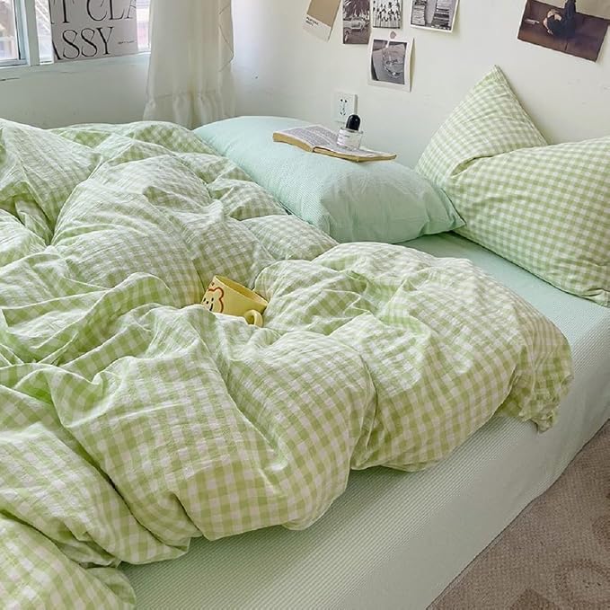 LifeTB Green Gingham Comforter Set King 3 Pieces Green Plaid Grid Bedding Comforter Geometric Checkered Pattern Comforter Set with 2 Pillowcases Fluffy Soft Farmhouse Plaid Gingham Bedding Set