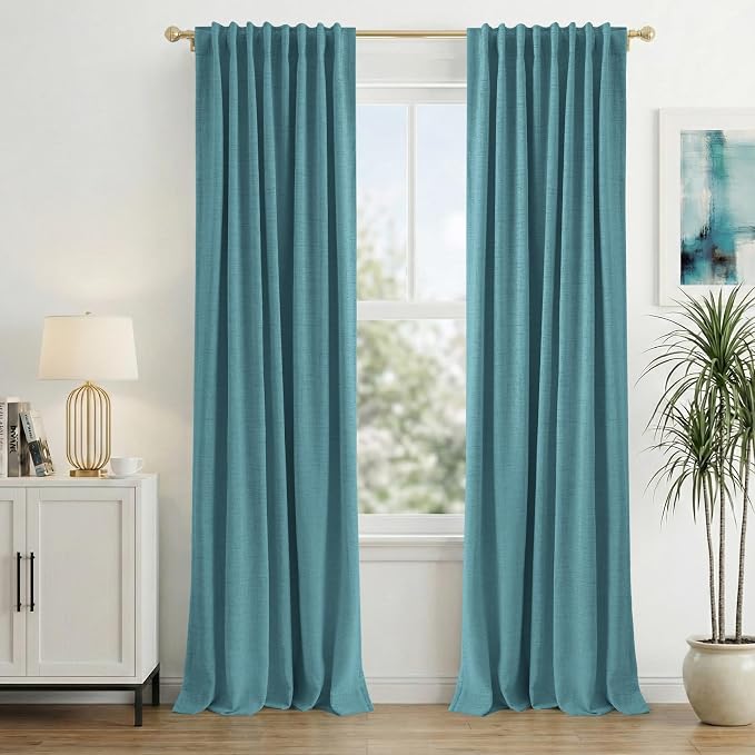 INOVADAY 100% Blackout Linen Curtains for Bedroom 50x84 Inches Teal | Linen Textured, Light Blocking, Room Darkening, Thermal Insulated, Back Tab Top, Window Curtains for Living Room, 2 Panels