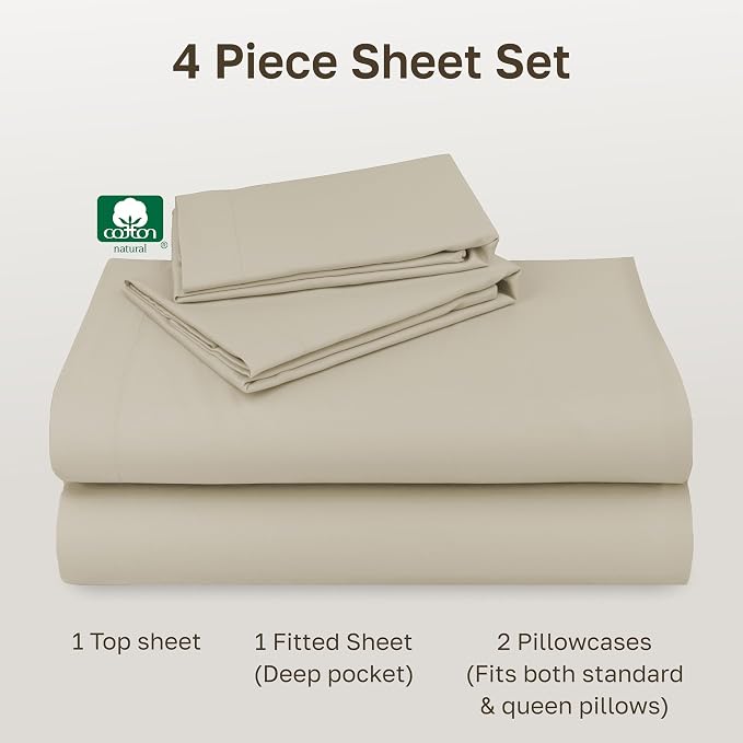 Soft Natural 100% Cotton Sateen Queen Size Bed Sheet Set-Beige (Warm Taupe) | Backed by Good Housekeeping Seal, Light & Breathable For Hot Sleepers, 14" Deep Pocket, Durable