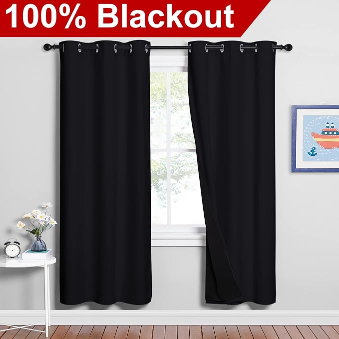 NICETOWN Black Blackout Curtains for Nursery 42" Wide x 72" Long 2 Panels | 100% Room Darkening Full Light Blocking Drapes with Black Liner, Thermal Insulated Bedroom Kitchen Draperies Home Decor