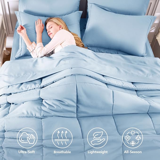 Full Size Comforter Sets, 7-Piece Bed in a Bag, Baby Blue | OEKO-TEX Certified, Box-Stitched Design, 240 GSM Down Alternative Fill, All-Season Comfort, Sheets, Pillowcases & Shams