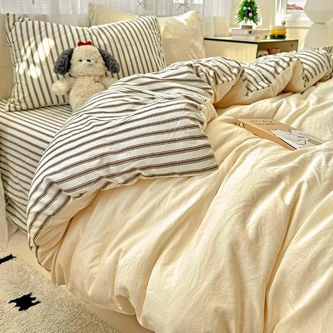 Nayoroom Striped Duvet Cover Queen Size Brown Stripe Reversible Yellow Duvet Cover Aesthetic Dorm Bedding Set 3 Pieces Soft Microfiber Farmhouse Bedding Set Gifts for Women Men