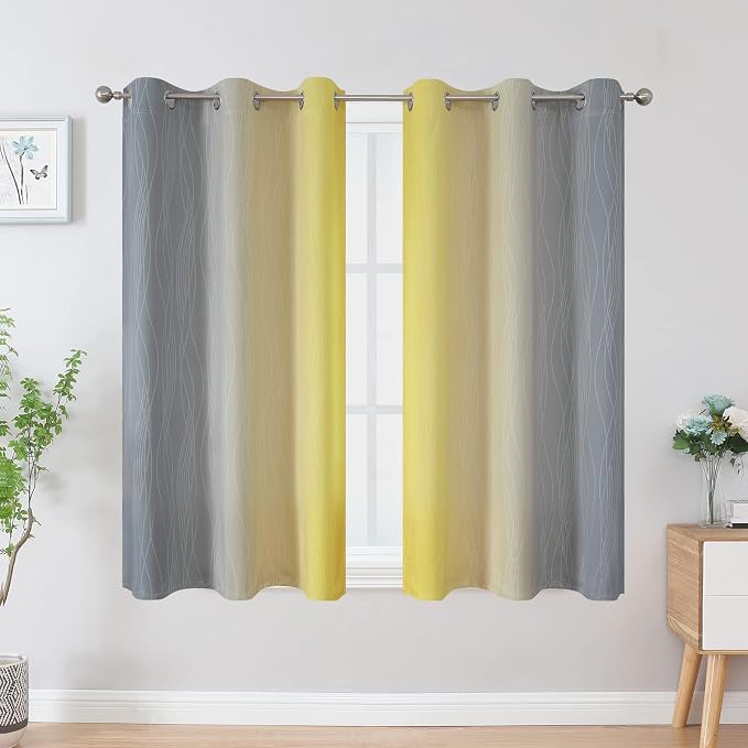 Yellow and Grey Ombre Blackout Curtains for Living Room 42Wx45L Inch Length | Estelar Textiler Room Darkening Gradient Curtains for Boys Bedroom,Thermal Insulated,Light Blocking Grommet Drapes,2 Panels