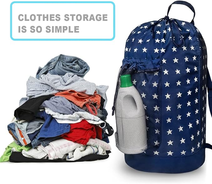 Backpack Laundry Bag, Laundry Backpack with Shoulder Straps and Mesh Pocket Durable Nylon Clothes Hamper Bag with Drawstring Closure for College, Travel, Laundromat, Apartment