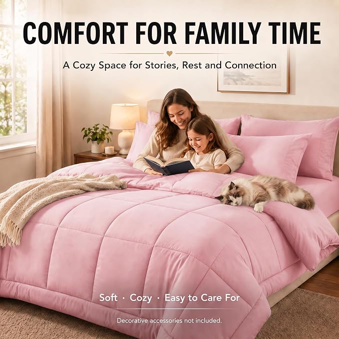 Queen Comforter Set Pink - 7 Pieces Bed in a Bag | OEKO-TEX Certified, All-Season, Bedroom, Guest Room, Down-Alternative Comforter + Flat & Fitted Sheets + 4 Pillowcases