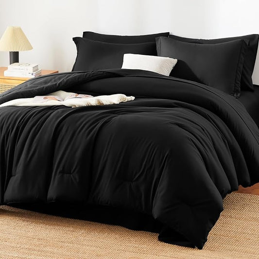 HIMEET Oversized Queen Comforter Sets, 7-Piece Point-Quilted, Black | OEKO-TEX Certified, Lightweight 240 GSM Comforter, Flat Sheet, 14-Inch Deep-Pocket Fitted Sheet, Pillowcases & Shams