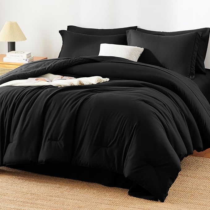 HIMEET California King Comforter Set, 7-Piece Point-Quilted, Black | OEKO-TEX Certified, Lightweight 240 GSM Comforter, Flat Sheet, 14-Inch Deep-Pocket Fitted Sheet, Pillowcases & Shams