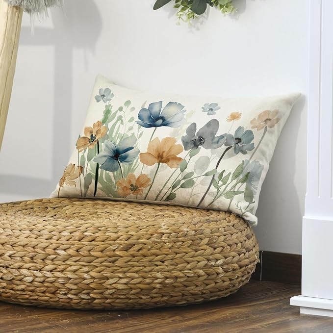 AVOIN colorlife Chinoiserie Poppy Flowers Throw Pillow Cover 12x20 Inch | Light Brown Blue Seasonal Leaves Cushion Case Decoration for Sofa Couch Farmhouse