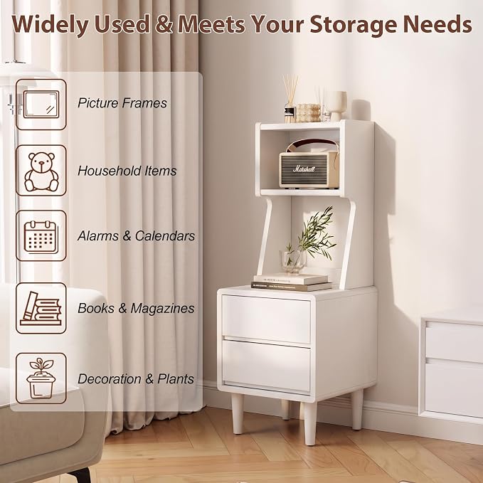 Solid Wood Bookshelf Nightstand Combo, Tall Nightstand with Bookshelf | White Nightstand Bookshelf,Solid Wood Nightstand with Drawers,Open Shelf Bookcase,for Bedroom,Living Room,Offices