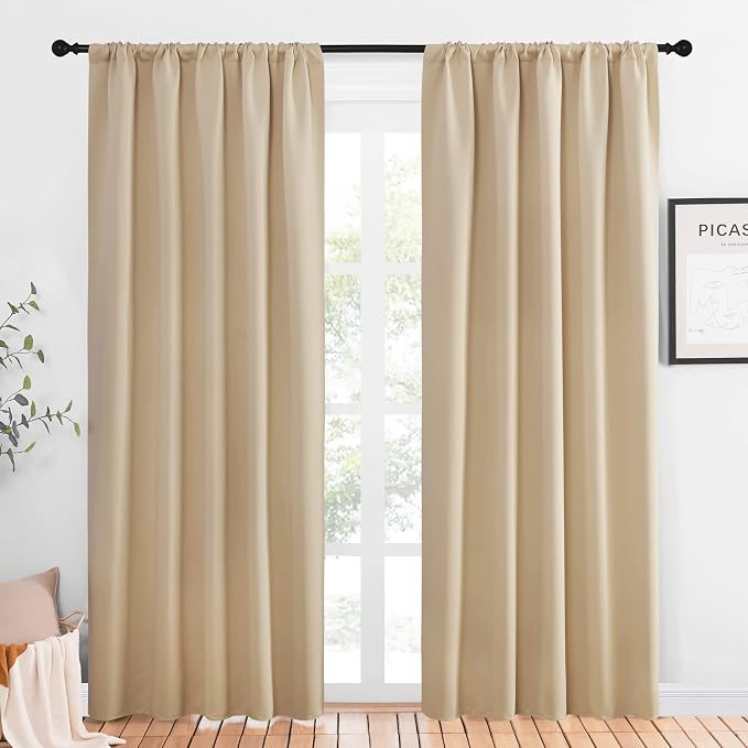 NICETOWN Biscotti Beige Blackout Curtains for Living Room 52" x 84" 2 PCs | Energy Efficient Noise Reducing Thermal Insulated Rod Pocket Drapes Draperies for Bedroom Window, Light Blocking Home Decor