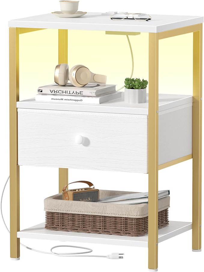BOLUO White and Gold Nightstand with Charging Station, LED Night Stand with Fabric Drawers and Shelf, Bedside Table with USB Ports and Outlets, Bedroom Nightstand Modern