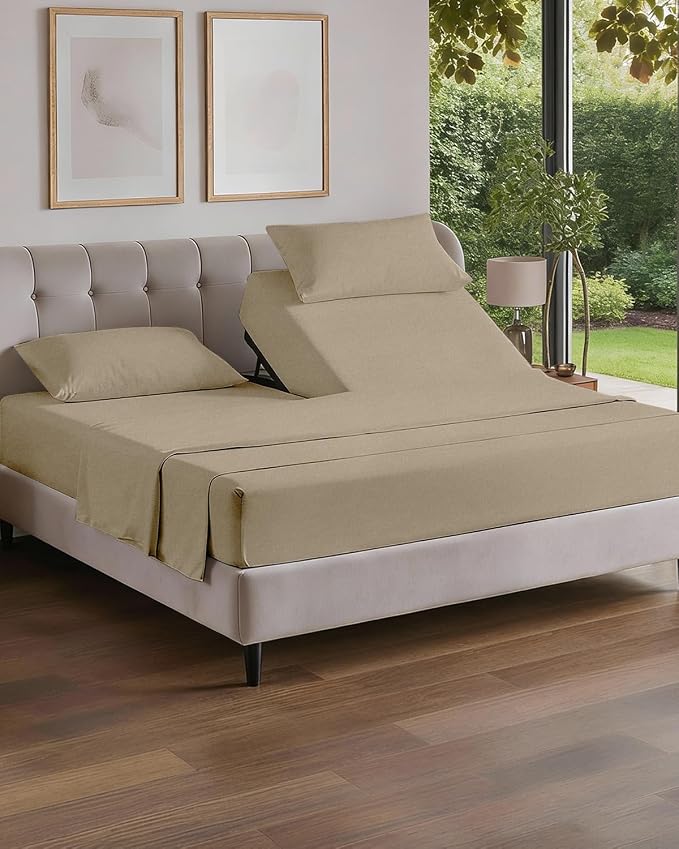 Flex Top Split Head King 4 Piece Sheet Set - Ultra-Soft - Heathered Beige | Cooling Bed Sheets Set, Hotel Luxury Bedding for Women & Men with Deep Pockets, Wrinkle Free & Fade Resistant, Oeko-Tex