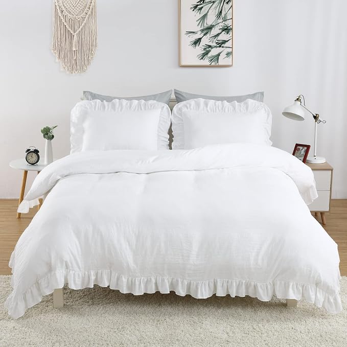 CAROMIO Ruffle Duvet Cover King Size, 3PCS Soft Washed Microfiber Vintage French Country Duvet Cover Set with Button Closure, White, 104x90 in
