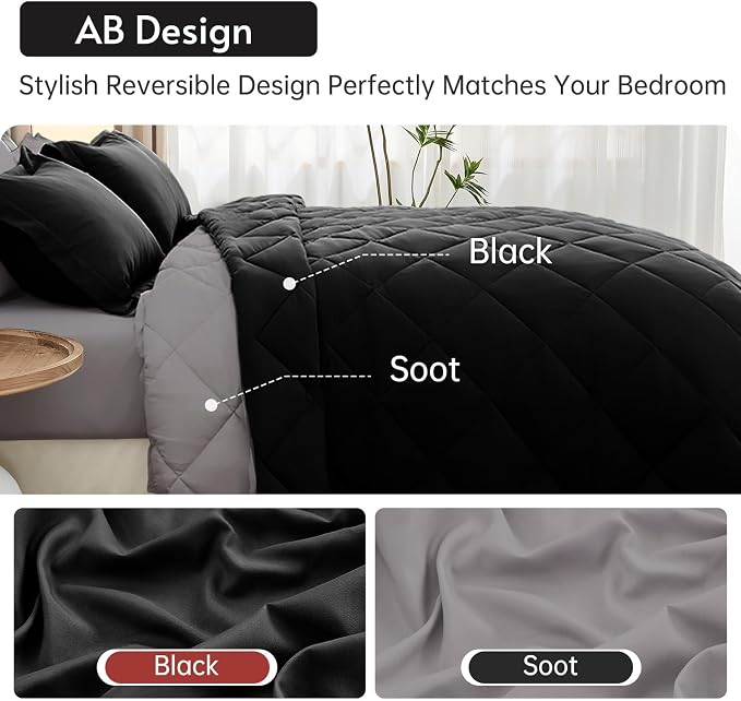 5 Pieces Twin Comforter Set, Reversible Bed in a Bag Twin Size, All Season Bedding Set with Comforter, Flat Sheet, Fitted Sheet, Pillowcases & Shams, Black & Soot