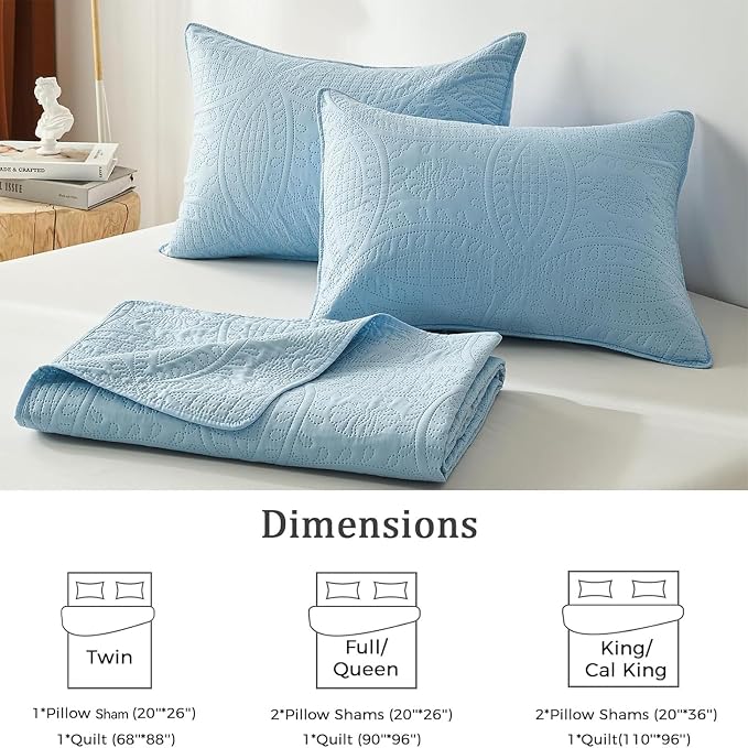 akkialla Twin Quilt Bedding Set,Sky Blue Ultrasonic Quilt Set,Lightweight Soft Bedspread Coverlet,Modern Style Coin Pattern Bed Cover for All Seasons,2 Piece(1 Quilt,1 Pillow Sham)