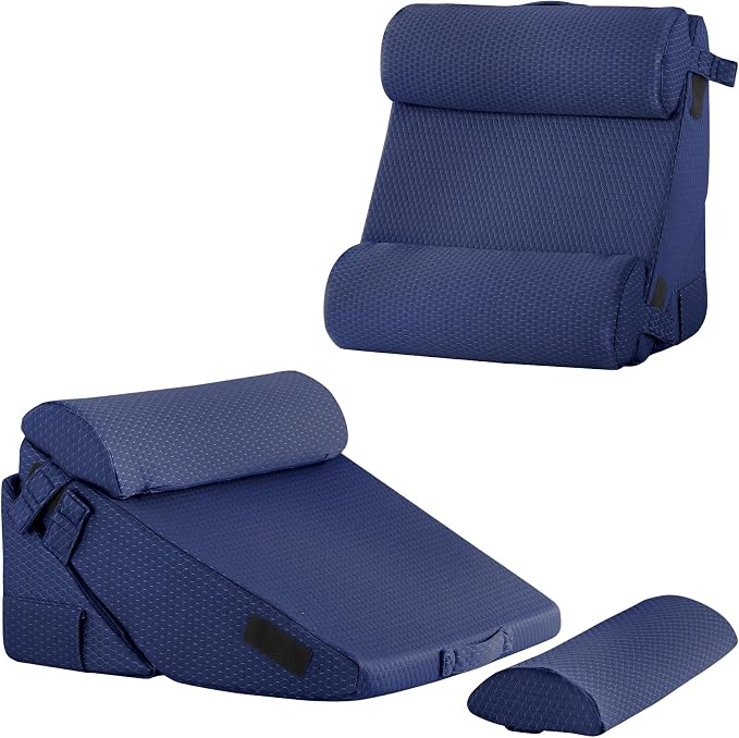 Adjustable 4pcs Bed Wedge Pillow Set, Memory Foam Wedges Pillow Post Surgery for Back, Neck, Leg Pain Relief, Pillows Wedge for Sleeping, Sitting up in Bed, Acid Reflux and GERD, Navy Blue