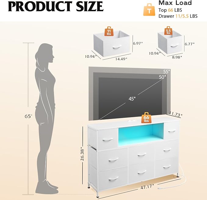 WLIVE LED Dresser TV Stand for 55 Inch TV, 8 Drawers, White | Fits TVs up to 55 inch, 8 fabric drawers, LED chest of drawers, Built-in power outlet, Living room or bedroom