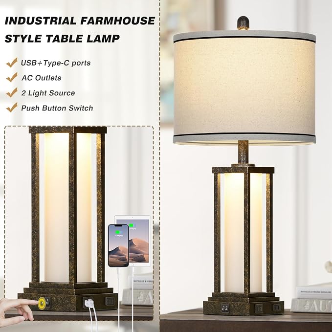 Cinkeda 27" Tall Vintage Table Lamp with USB C+A & Outlet,Bronze Industrial End Table Lamp for Living Room,Farmhouse Rustic Bedside Lamp with Frosted Glass Night Light for Bedroom Nightstand,Bronze-1P