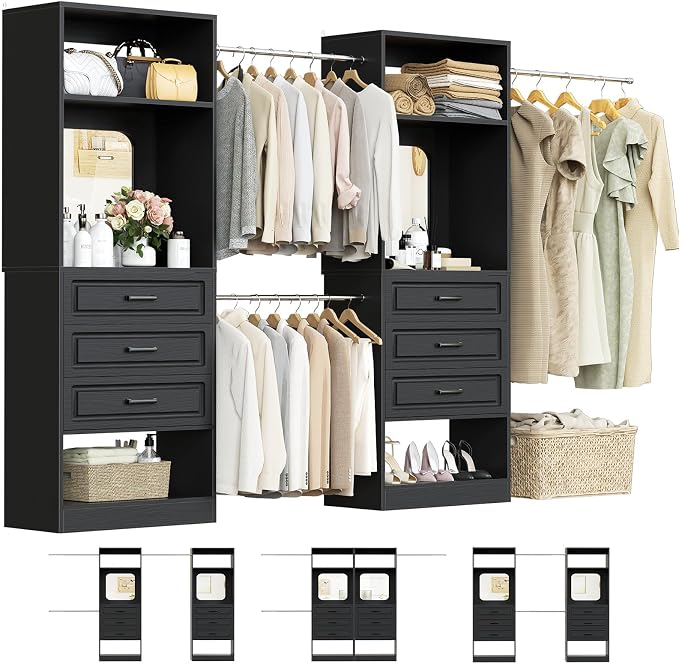Unikito 6-14FT Wood Closet System with 6 Drawers and Mirror, Black | Sturdy walk-in organizer wardrobe for clothing, clothes rack with 3 hanging rods, freestanding garment storage tower.