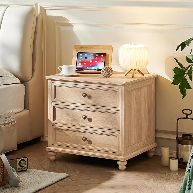 Joaxswe 24" Wide Farmhouse Night Stand Set of 2,Large End Table with 3 Drawers & Metal Handle,Wood Dresser for Bedroom,Bed Side Table Chest of Drawers Cabinet,Natural Nightstand for Living Room,Closet