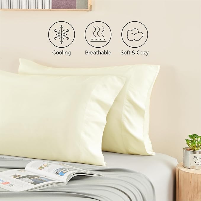 BEDELITE Cooling Pillow Cases Queen 2Pcs, Rayon Made from Bamboo, Cream | Cooling and Breathable Pillow Cover for Hot Sleepers & Night Sweats, Silky Soft Cozy, Envelope Closure, 20"x30"