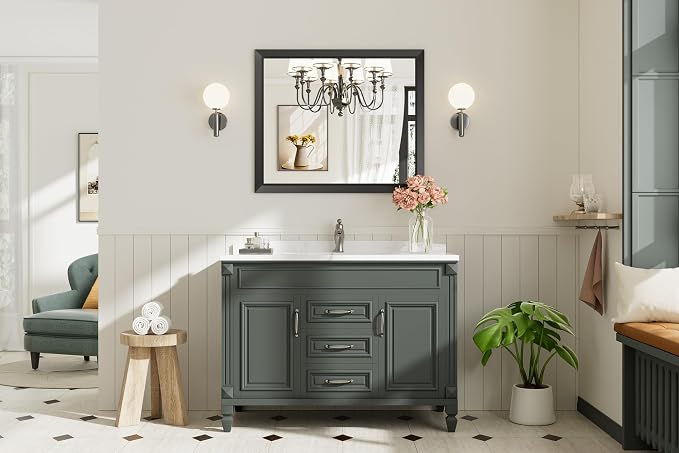 Black Metal Framed Bathroom Wall Mirror, 36x30 Inch | Anti-rust, HD tempered glass, for bathroom vanity, bedroom, living room, horizontal or vertical mount