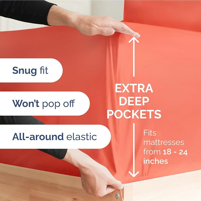 Extra Deep Twin Sheet Set - 3 Piece Breathable & Cooling Bed Sheets - Coral | Easily Fits 18 to 24 inch Mattress - Ultra Soft, Wrinkle & Fade Free with Extra Deep Pockets - Comfy Hotel Luxury Bedding