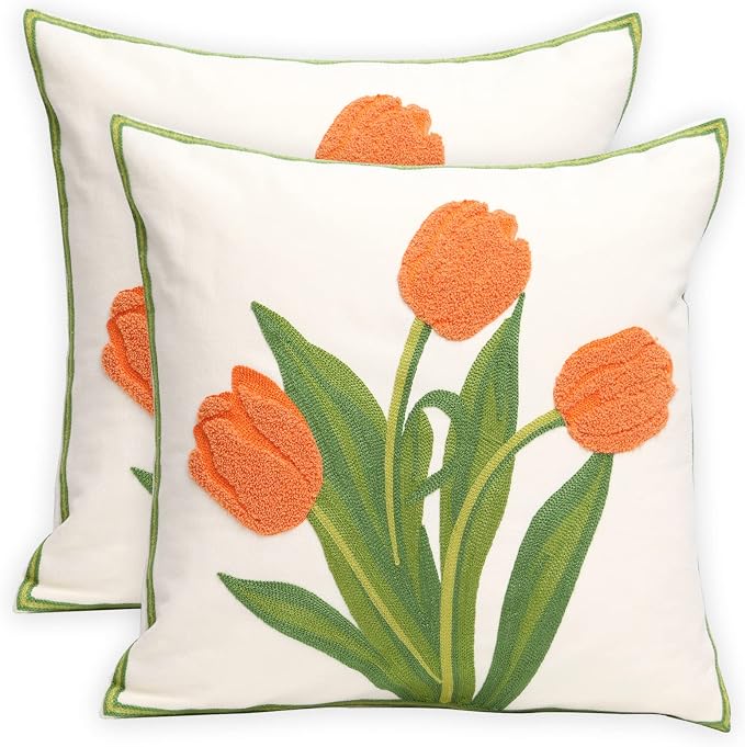 Pack of 2 Embroidered Decorative Throw Pillow Cover 18x18 Inch Farmhouse Floral Pillowcase for Living Room Sofa Bed (Orange Tulip)