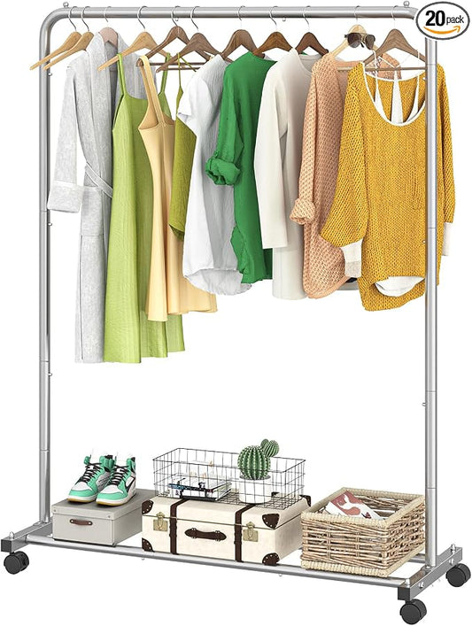 Simple Trending Clothes Clothing Garment Rack, Clothes Organizer, Silver | Storage Shelves, 360° Lockable Wheels, Anti-Slip Stoppers, Bedroom, Laundry Room