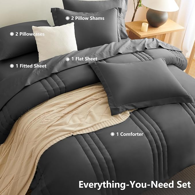 Oversized Queen Comforter Set Dark Grey- 7 Pieces Bed in a Bag | OEKO-TEX Certified, 240GSM Down-Alternative Comforter, 14" Deep-Pocket Sheets, Shams & Pillowcases, Lightweight