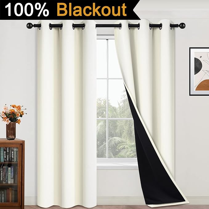 Yakamok 84 Inch Length 100% Blackout Curtains for Bedroom, 2 Thick Layers Thermal Insulated Grommet Total Blackout Drapes with Black Liner for Living Room (42Wx84L,Cream, 2 Panels) | Blackout Curtain Panels for Bedroom, 2 Thick Layers Grommet Top Therm...
