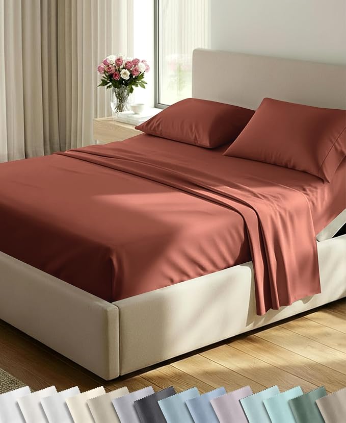California Design Den 600 Thread Count Split King Sheet Set, 5 Pcs, Rust | 100% Cotton Sateen, Good Housekeeping Seal, Split King Sheets Sets for Adjustable Bed with 2 Separate Twin-XL Mattresses