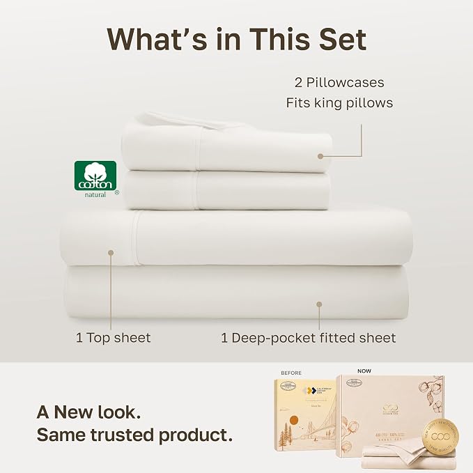 California Design Den Soft 100% Cotton Sateen King Sheet Set, 4 Pcs | 400 Thread Count Backed by Good Housekeeping Seal, 16" Deep Pocket, All-Around Elastic, Easy Care - Ivory (Pale Tone)