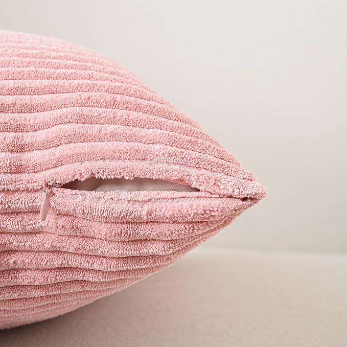 Volcanics Set of 4 Pink Corduroy Couch Throw Pillow Covers 20x20 in | Decorative Valentine's Day Farmhouse Striped Cushion Cases, Soft Boho Square Accent Pillow Covers for Home Sofa