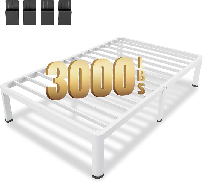 MAF 14 Inch Twin Metal Platform Bed Frame White with Round Corner Legs | Mattress Baffle, 3000 LBS Heavy Duty Steel Slat Support, Noise Free, No Box Spring Needed, Easy Assembly, 12.4" Storage Space