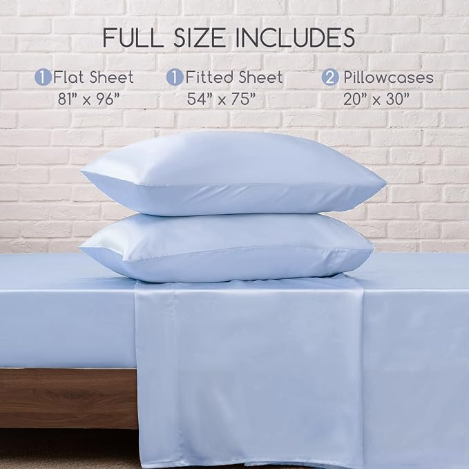 MR&HM Satin Sheets Full Size with Elastic Corner Straps, Light Blue | Similar to Silk, 4-Piece Silky Soft Bed Sheet Set, Gentle on Skin and Hair, 15" Deep Pocket, Cooling & Breathable