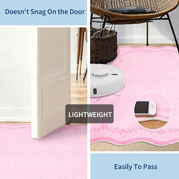 GarveeHome 3x5 Scalloped Washable Area Rug Non Slip Bedroom Entryway Rug | Soft Pink Kitchen Rug Low Pile Carpet Stain Resistant Throw Rug for Bedside Kids Room Office Dining Room