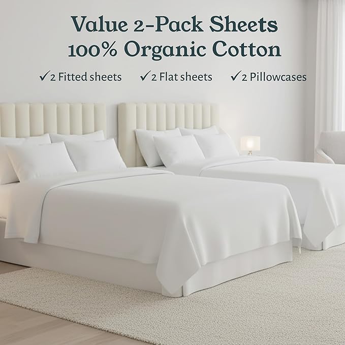 California Design Den 2 Pack Organic Cotton Twin XL Bed Sheets, True Ivory | GOTS Certified, Lightweight Crisp & Airy Percale For Hot Sleepers, All-around Elastic, Durable, Easy Care