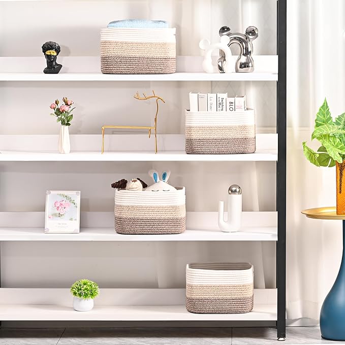 ICERZCZ Shelf Baskets for Organizing, Storage Baskets for Shelves, Woven Baskets for Storage, Cotton Rope Baskets with Handles for Toy, Book, Clothes, 12.5"Lx9.1W"x7.9H", (4 Packs) Gradient Brown