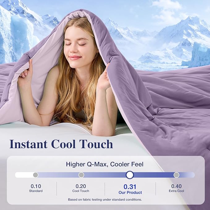 Cooling Comforter Set Twin XL Size, Lightweight Summer Comforter for Hot Sleeper, Reversible Bedding with ICY Cooling Surface, Includes 1 Comforter (68"x 88") and 2 Shams (20"x 26"), Lavender