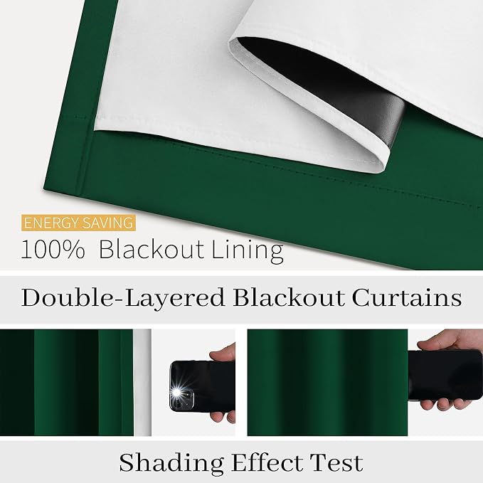COSVIYA Drak Green 100% Blackout Curtains for Bedroom with White Back | 2 Thick Layers Full Room Darkening Thermal Insulated Curtain,Grommet Window Drapes for Living Room, 52x63 Inch, 2 Panels