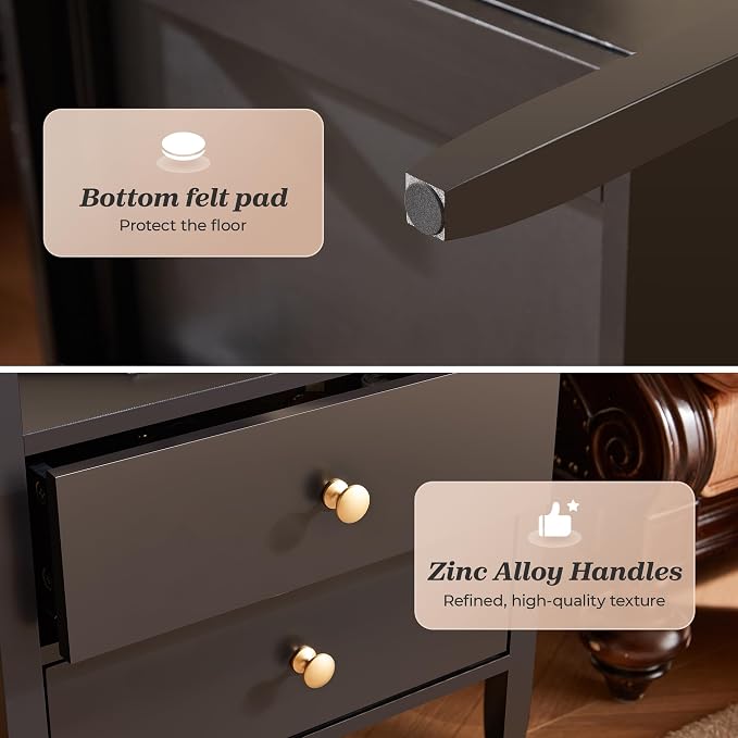 Huuger Nightstand with Charging Station, Black Nightstand with 2 Drawers | Bed Side Table for Bedroom, Bedside Table with Storage, Modern Nightstands, Metal Knobs, Painted Surface