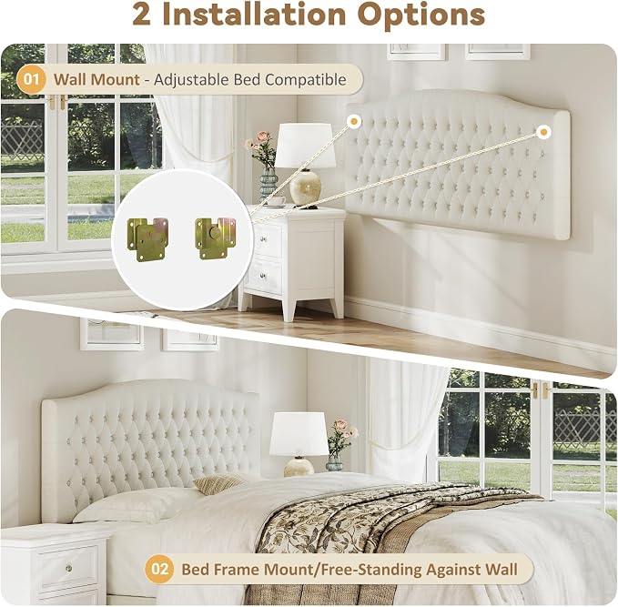 King Headboard Only, Linen Classic Tufted Design, Ivory | 2 installation options: 1.bed frame mount 2.wall mount (for adjustable bed), Classic hand-tufted headboard king size
